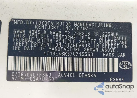 2007 Toyota Camry Le из США, поврежденный, VIN 4T1BE46K57U715560